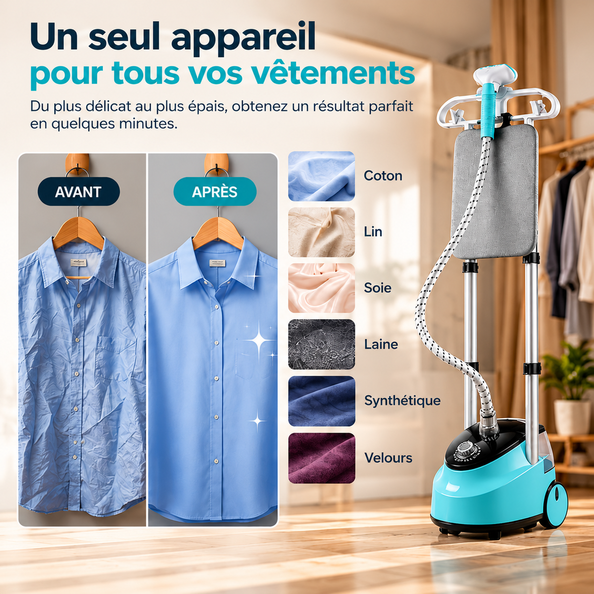 Défroisseur vapeur sur pied 2-en-1 avec planche intégrée, 2000w
