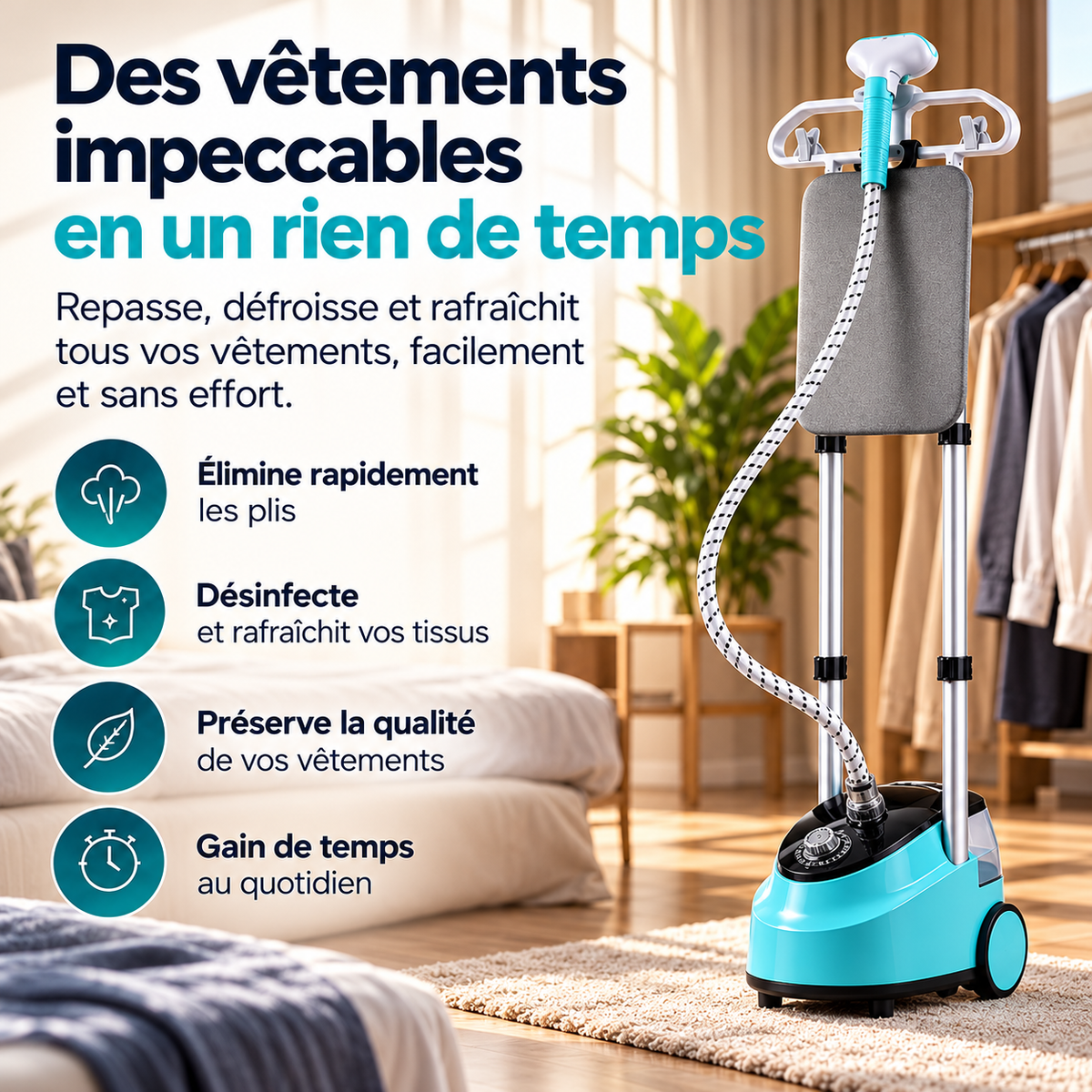 Défroisseur vapeur sur pied 2-en-1 avec planche intégrée, 2000w