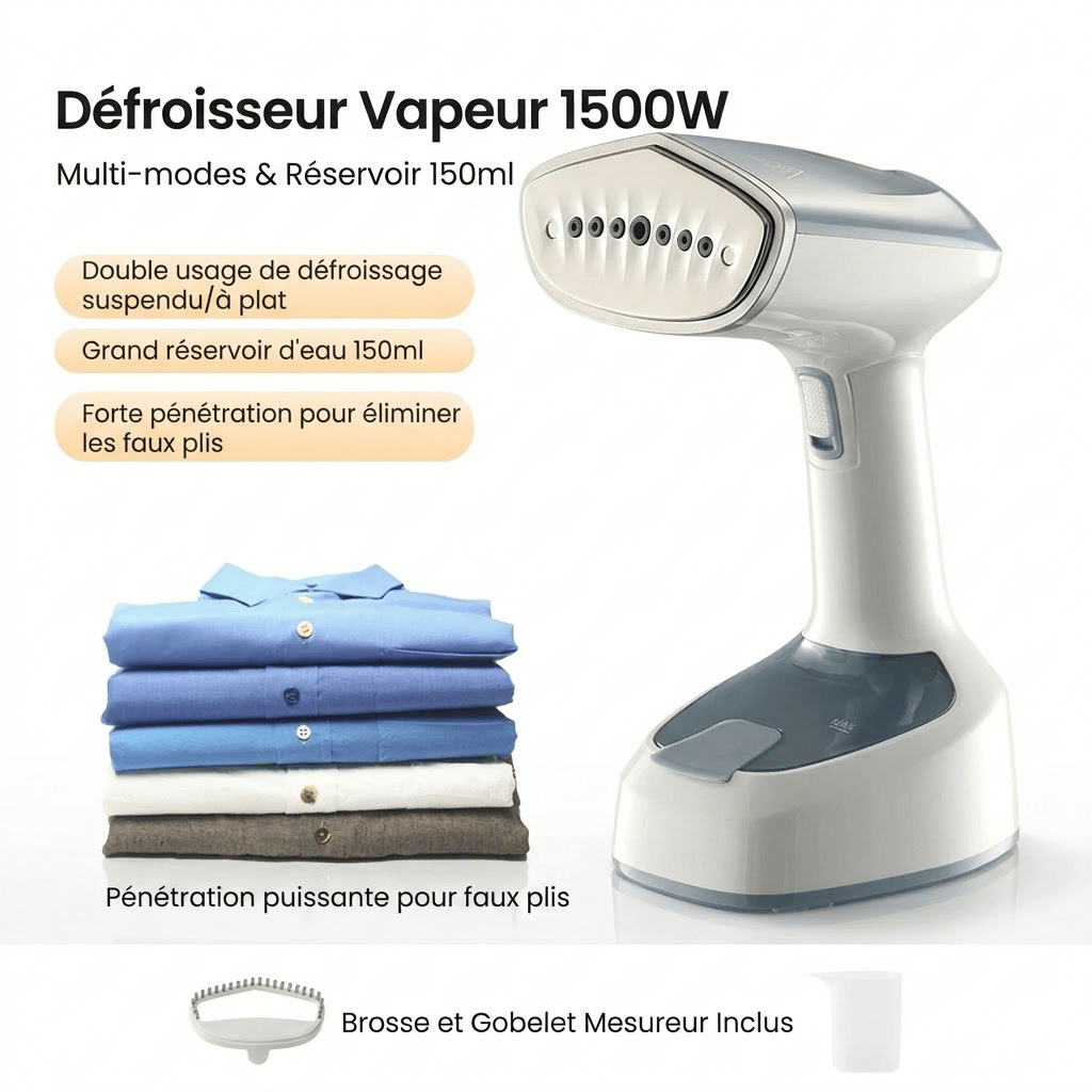 Défroisseur vapeur vertical 1500W : Plis effacés en 15s