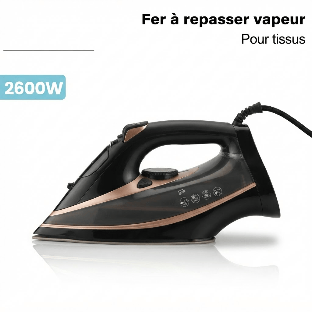 Fer à repasser vapeur puissant 2600W : linge lisse et rapide